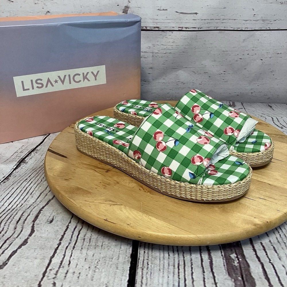Lisa Vicky Cherry Print Slides Women 8 Green Gingham Sandals Novelty